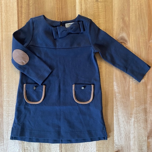 Hope & Henry Navy Long Sleeve Dress with Brown Accents and Elbow Patches